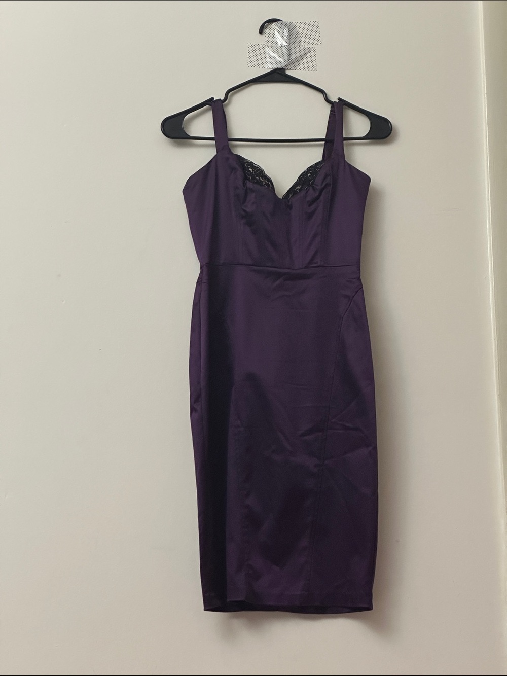 Purple Satin Midi Slip Dress with Lace Accent